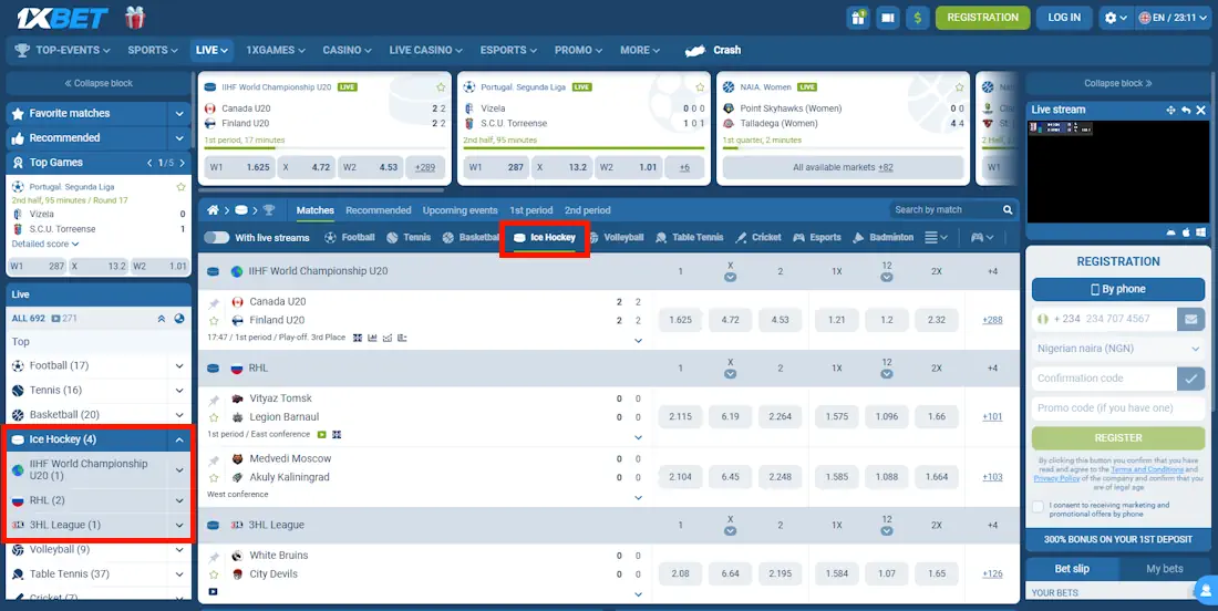 1xBet Hockey Betting Screenshot